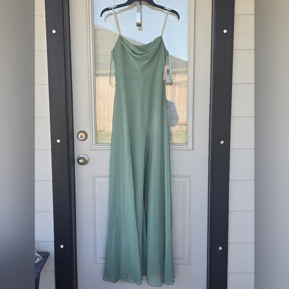 City Studio Elegant Teal Maxi Dress  Sz 1 Pearl Sleeve Cowl Neck Slit  Holiday - Picture 14 of 16